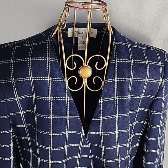 Vintage Jones New York Size 8 Checkered Navy Blue Double Breasted Jacket Blazer - Picture 3 of 7